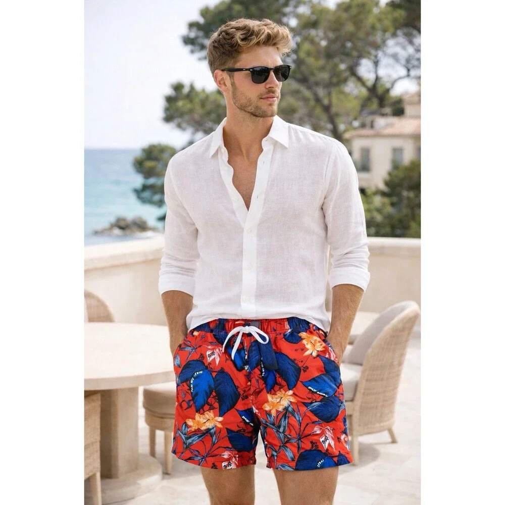Tommy Jeans Swim Trunk Mens L‎ Red Floral Hawaiian Tropical Resort Wear Vacation